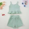 thumbnail image 3 of Toddler Baby Girl Outfits Solid Summer Clothes Solid Color Waffle Sleeveless Ruffle Tank Tops Shorts Set Cute Infant Clothes, 3 of 7