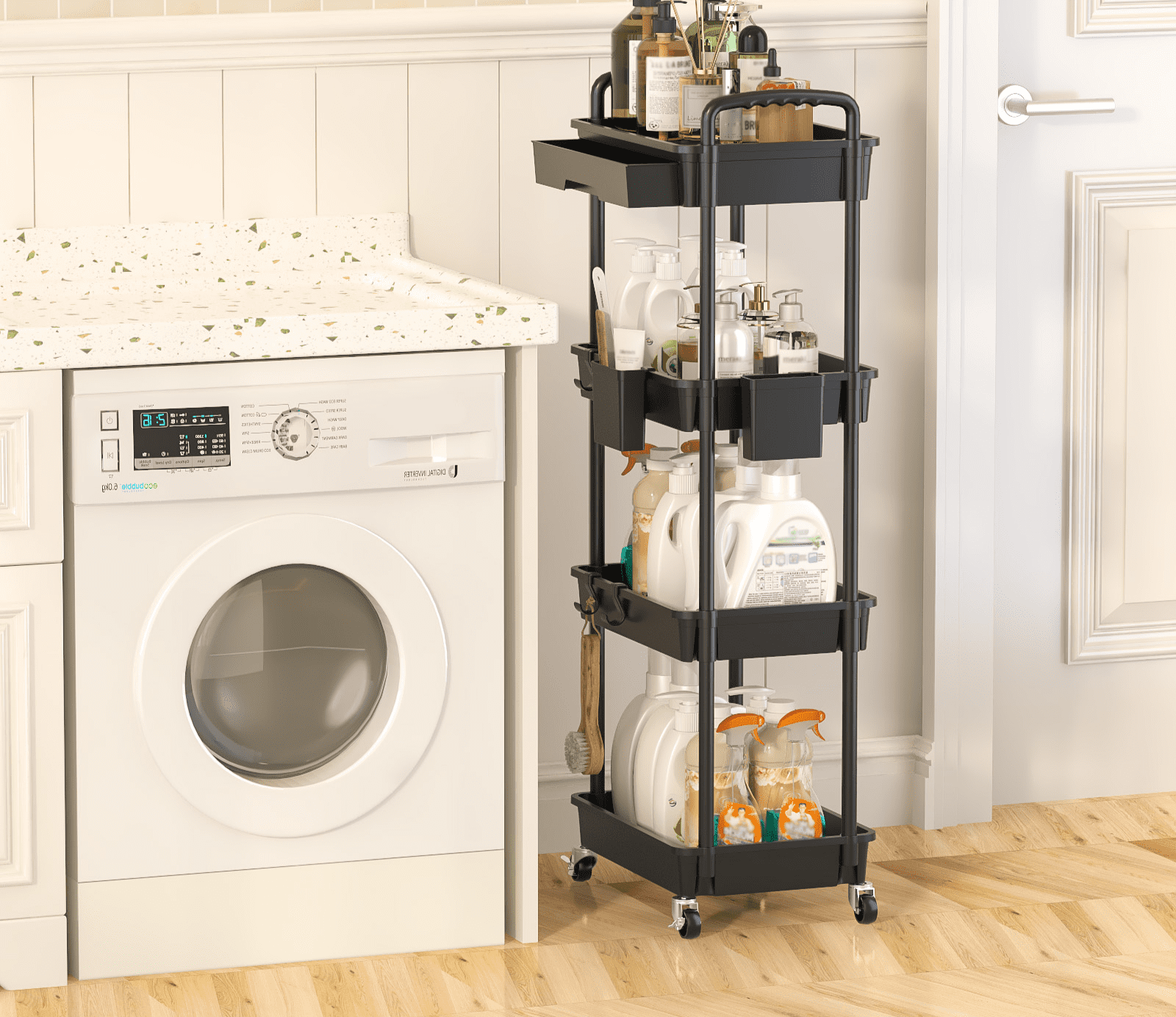 LLMRR 4 Tier Rolling Utility Cart with Drawer, Cart with Drawer & Handle, Bathroom Cart Organizer, Rolling Storage Cart with Drawer, Rolling Cart with Lockable Wheels for Kitchen, Office, Black