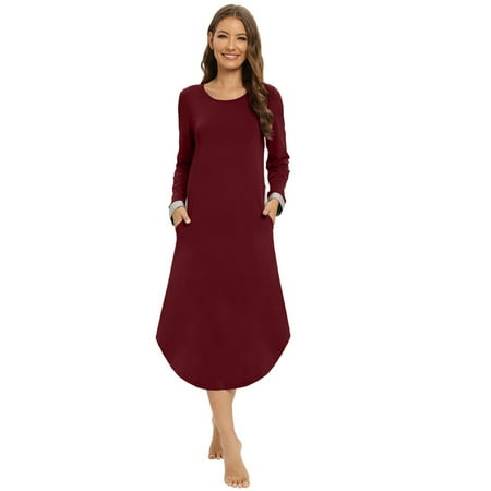 

Nightgown for Women Sleepwear Loose Long Sleeve Nightdress - Round Neck Nightshirts Long Sleeve Soft Sleepwear Side Split Pockets Long Nightdress S-3XL