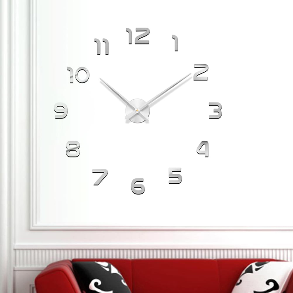 EXHUMKY Plated Silver Large Wall Clock Frameless Modern Design Self Adhesive Home Decoration