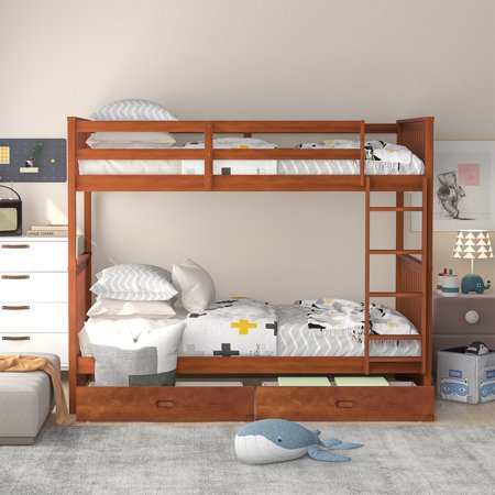 Twin-Over-Twin Bunk Bed with Ladders and 2 Drawers  Solid Hardwood Bed Frame with Safety Rail for Kids Boys Girls  Space-Saving Design  No Box Spring Needed  Gray