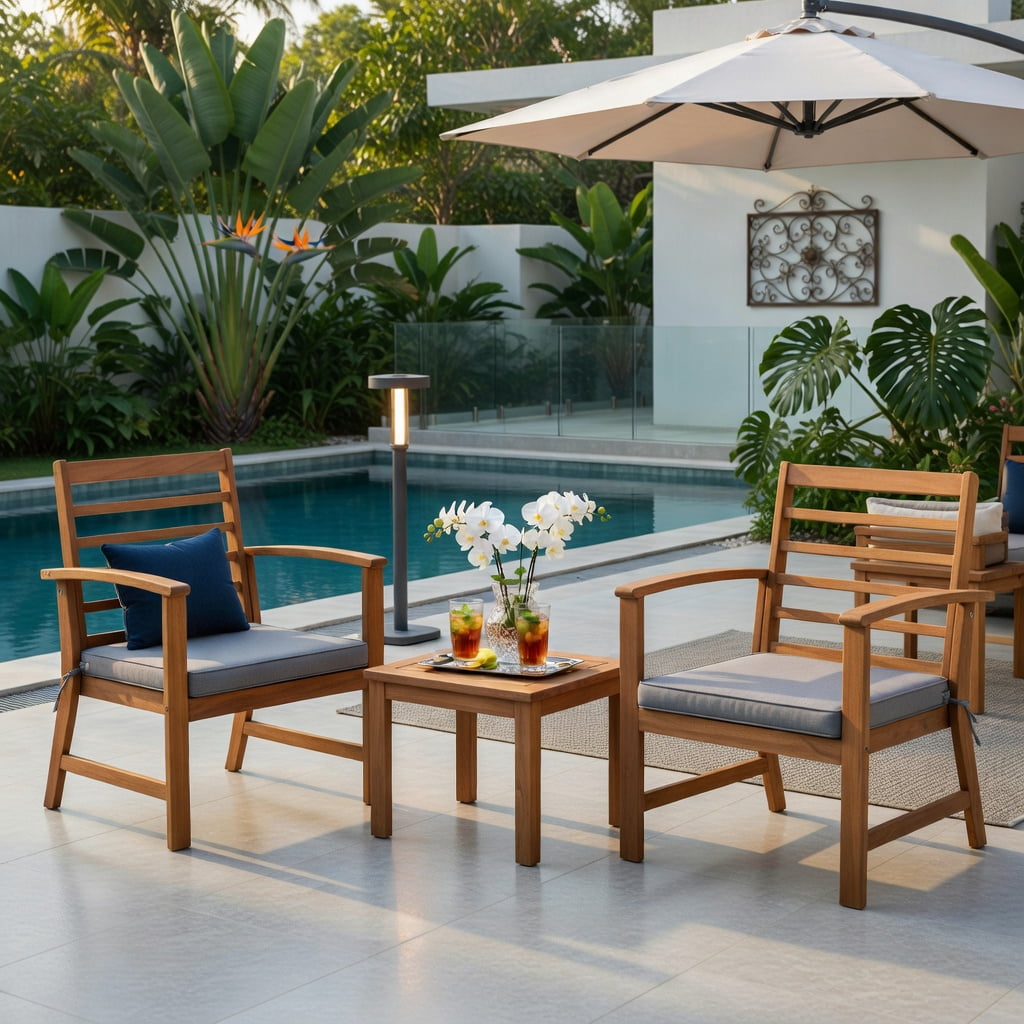 Hommoo 3-Piece Acacia Wood Outdoor Patio Furniture Set with Cushions, Durable Backyard Seating for Porch, Poolside & Deck, Gray