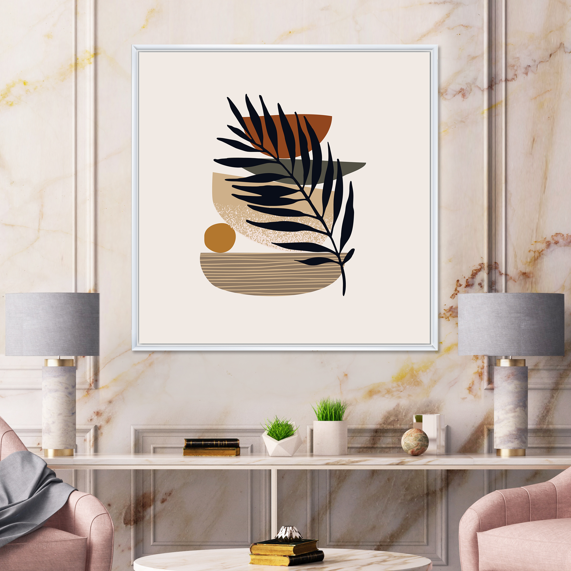 Designart 'Shapes and Tropical Leaf Silhouettes IV' Modern Framed Canvas Wall Art Print