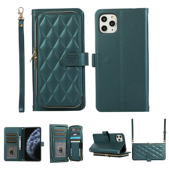 Nalacover for iPhone 11 Pro 5.8 inch Premium PU Leather Crossbody Case with Shoulder Strap & Wrist Strap,Shockproof Magnetic Flip Kickstand Credit Card Slots Zipper Wallet Phone Case,Darkgreen