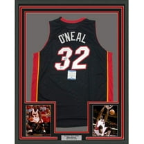 Framed Autographed/Signed Shaquille Shaq O'Neal 35x39 Miami Black Basketball Jersey Beckett BAS COA
