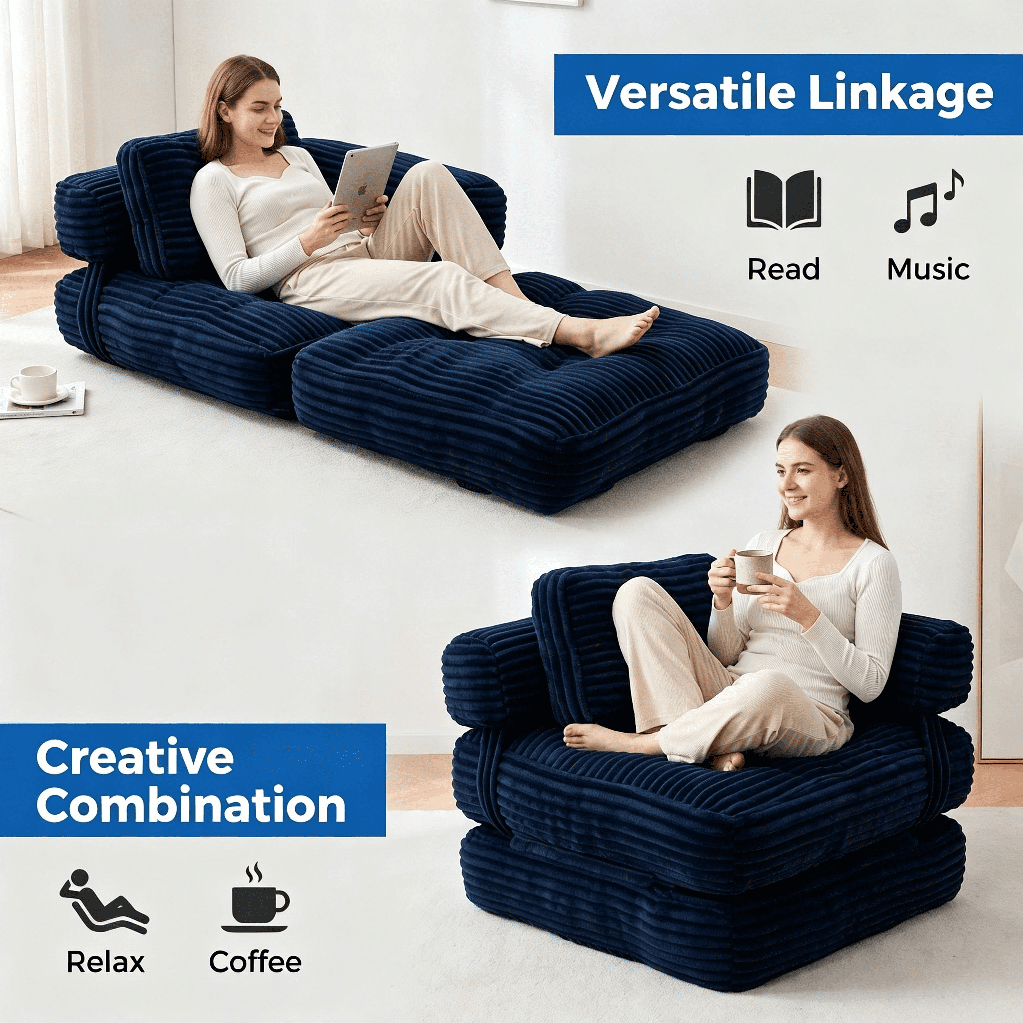 Howcool Corduroy Folding Sofa Bed,3 in 1 Convertible Sleeper Chair with Pillow & L-shaped Lumbar Pillow,Boneless Floor Sofa Couch Lounge Chair for Living Room Dorm,Navy