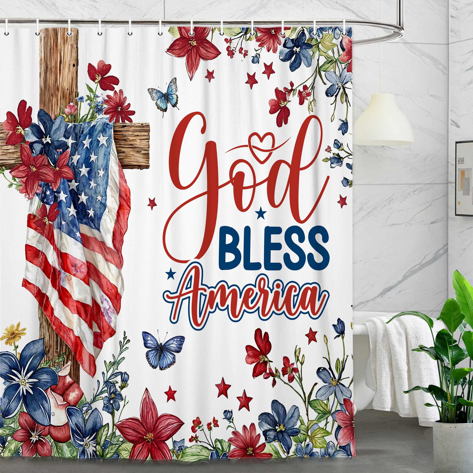 4th of July Shower Curtain, God Bless America Flower Cross Flag Star Patriotic Bathroom Curtains, Red Blue Independence Bathroom Waterproof Fabric Shower Curtains Set with Hooks, 47X64in