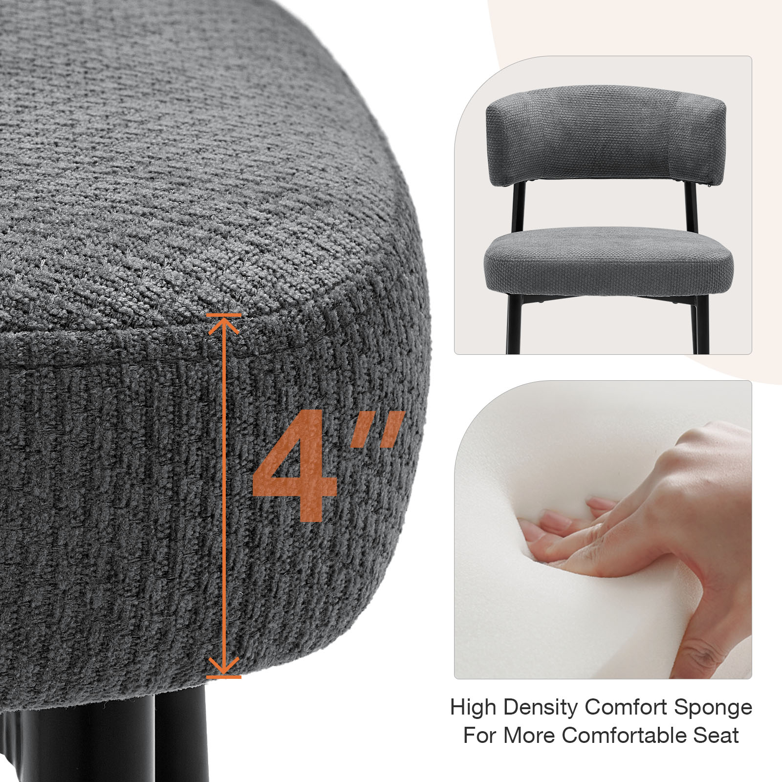EDX Dining Chairs Set of 4, Mid Century Modern Chair Round Upholstered Curved Backrest, Kitchen Vanity Living Room Chairs with Black Metal Legs, Grey