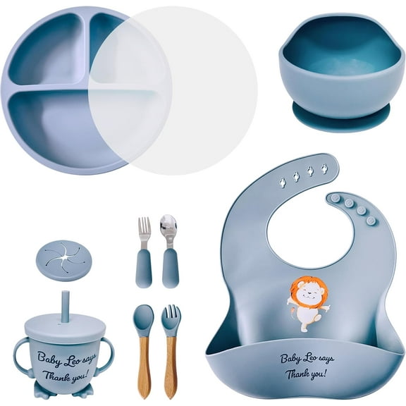 Baby Feeding Set 12 Piece Led Weaning Supplies Suction Bowl and Plate, Divided Plate, Spoon, Fork, Cup, Adjustable Bib Baby Self Feeding Utensils