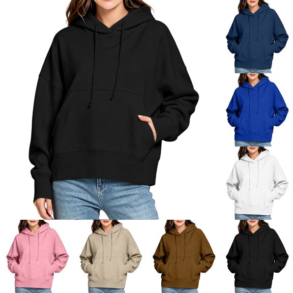XRoczxe Women Classic Cropped Hooded Pullover Sweatshirt Drawstring Hood With Kangaroo Pocket Wrinkle Resistant Soft Casual Basic Top Assorted Solid Colors