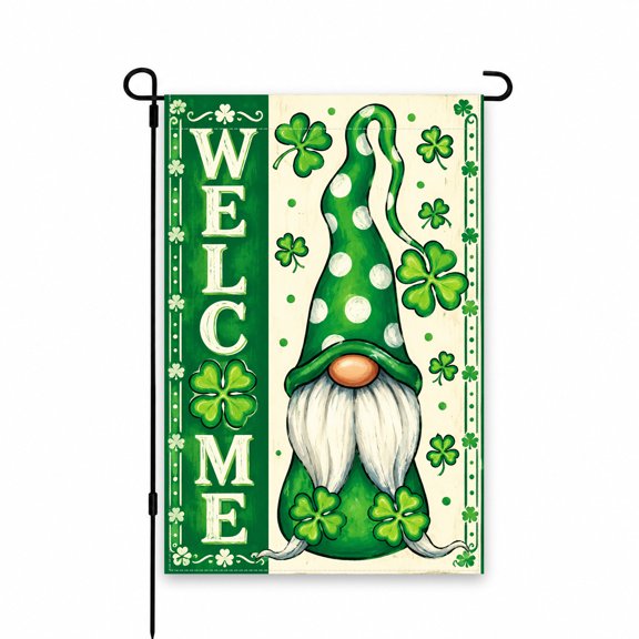Green Shamrock Gnome Welcome Garden Flag 12x18 Inch, St. Patrick's Day Decor, Outdoor Yard Flag for Lawn, Patio, Porch, Perfect for Festive Display
