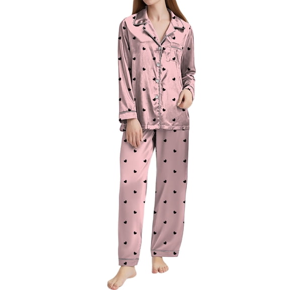 Aoiroe Womens Loungewear Set Valentines Pajamas For Women Casual Outfits For Women Satin Pajamas Pj Sets For Women Womens Matching Sets Button-Down Satin Pajamas Sleepwear Soft Pajama Set Pink L