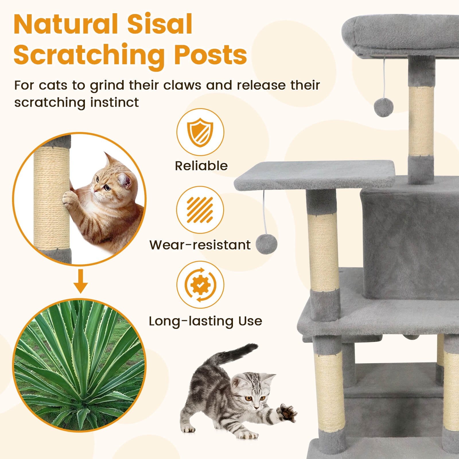 Costway 58” Tall Multi-level Cat Tree with Upholstered Perch & Cat Condo, Comfy Hammock Light Gray