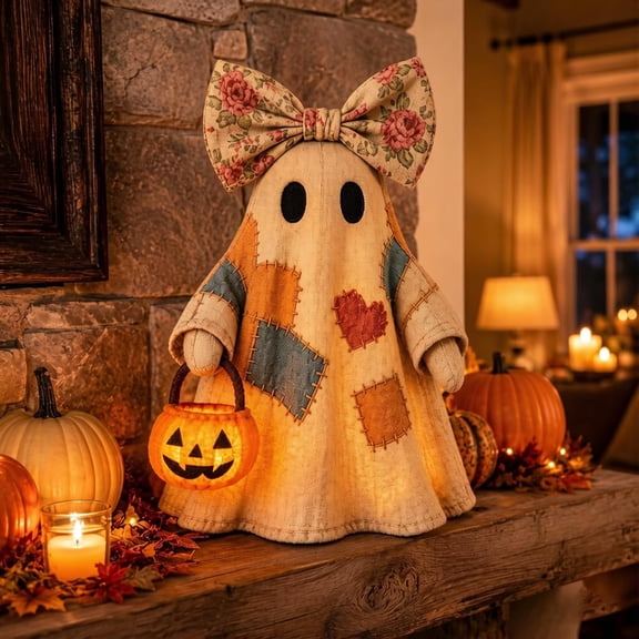 Lighted Vintage Patchwork Ghost, Light Up Ghost with Pumpkin Lantern Halloween Decor, Vintage Halloween Patchwork Ghosts Lamp, Rustic Fall Figurine Decoration for Mantel Shelf Entryway Porch