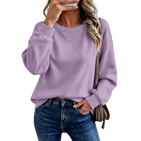 Womens Sweatshirts No Hood Oversized Crewneck Pullover Long Sleeve Tops | Fall Sweatshirts For Women 2026 Crew Neck Hoodie Pullover Fleece Plain Comfy Cozy Casual Travel Clothes,L