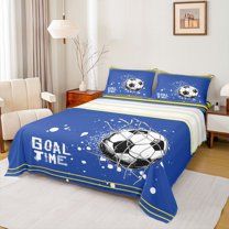 Feelyou Teens Watercolor Football Full Size Sheets, Cartoon Soccer Sports Bed Sheets, Rugby Goal Time Sheet Sets, Blue Yellow Lightweight Room Decor, 4pcs