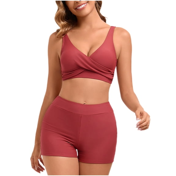 Dagegui Swimsuit for Women Back Bikini Full Coverage Swim Bra Tops and Shorts 2 Piece Sets Solid Color Swimming Suits Wine S