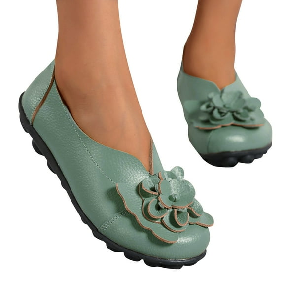 Dakaela Women's Leather Slip on Loafers Vintage Slip on Driving Flats Dress Walking Flower Shoes Green 8