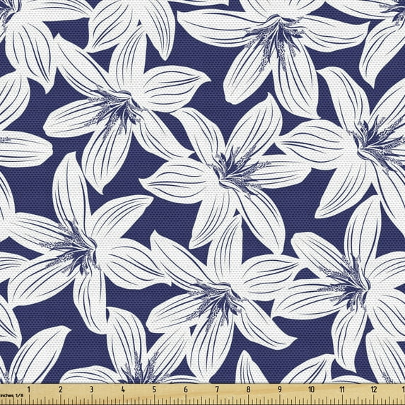 Navy Fabric by the Yard, Tropical Hibiscus Flower Petals Exotic Blossoms Hawaiian Holiday Style Image, Decorative Upholstery Fabric for Chairs & Home Accents, 10 Yards, White Dark Blue by Ambesonne
