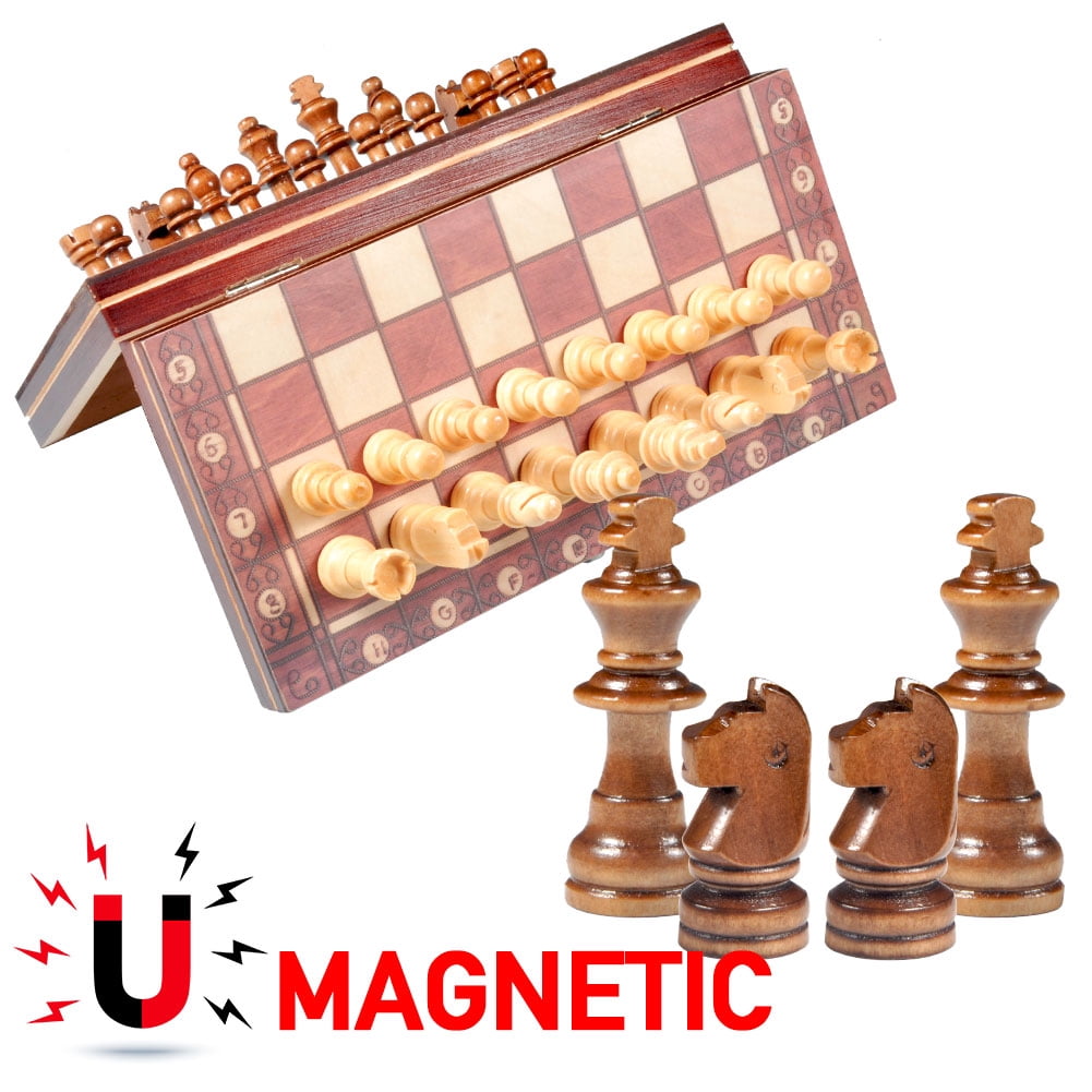 Qiilu 3 In 1 Magnetic Wooden International Chess Set with Folding Chessboard Game Gift,International Chess Set