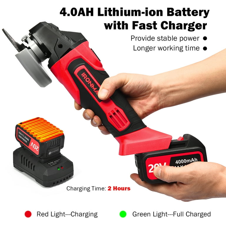 IRONMAX 20V Cordless Angle Grinder 4-1/2'' 9000RPM w/ 4.0Ah Lithium-Ion  Battery & Charger 
