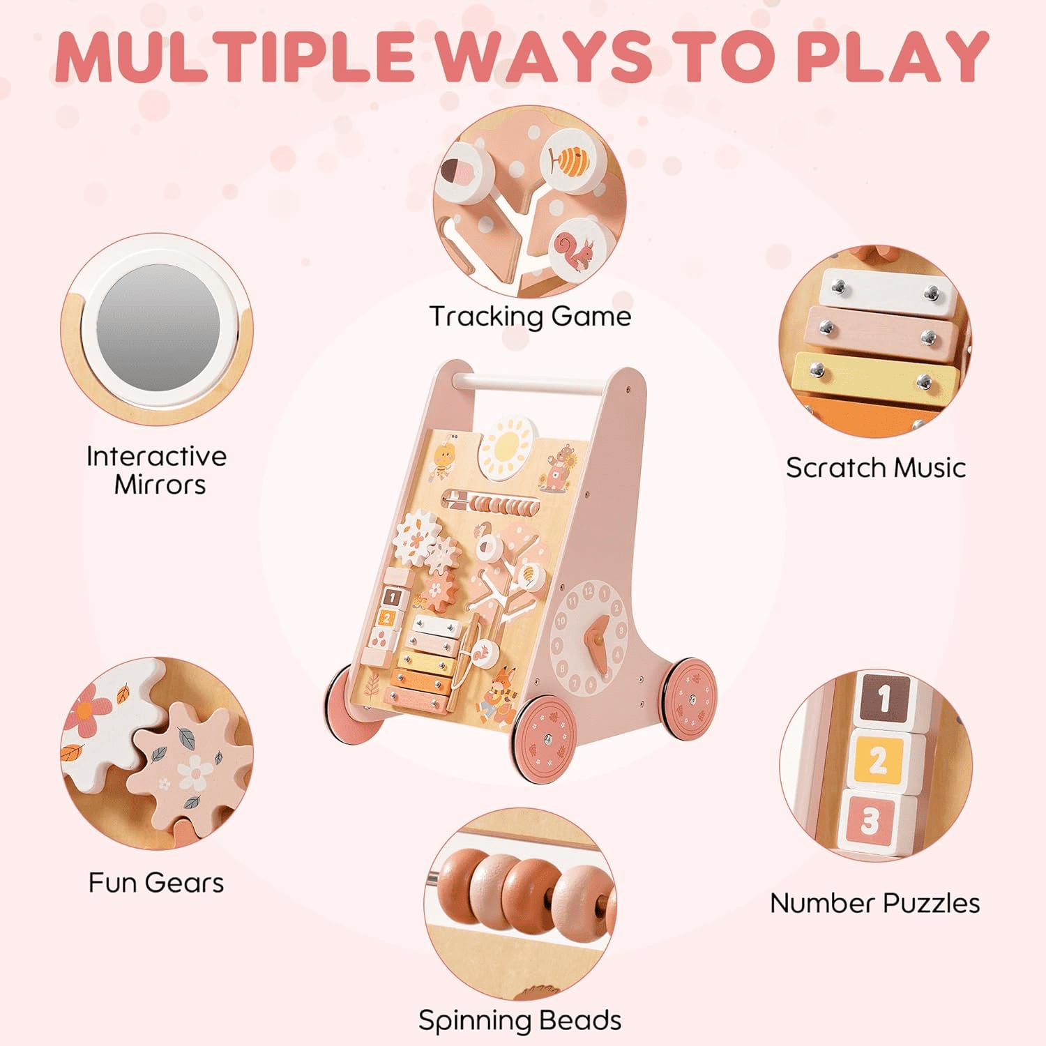 Robud Wooden Baby Walker, with Wheels, Montessori Push Toys for Babies Learning to Walk, Baby Walkers Activity Center for Boys and Girls,Pink
