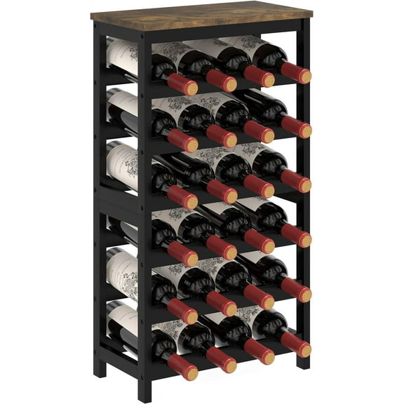 6 Tier Bamboo Wine Rack Freestanding Floor, 24 Bottles Wine Storage Shelves with Table Top, Stackable Wine Display Rack for Kitchen, Bar, Dining Room, Rustic Brown and Black