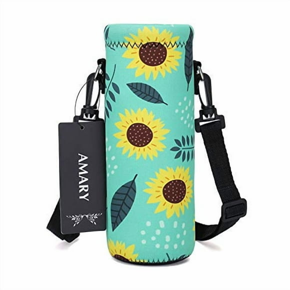 AMARY 1000ML Neoprene Water Bottle Carrier Bag with Adjustable Shoulder Strap,Insulated Water Bottle Cover for Stainless Steel/Glass/Plastic Bottles 34OZ (Sunflower)