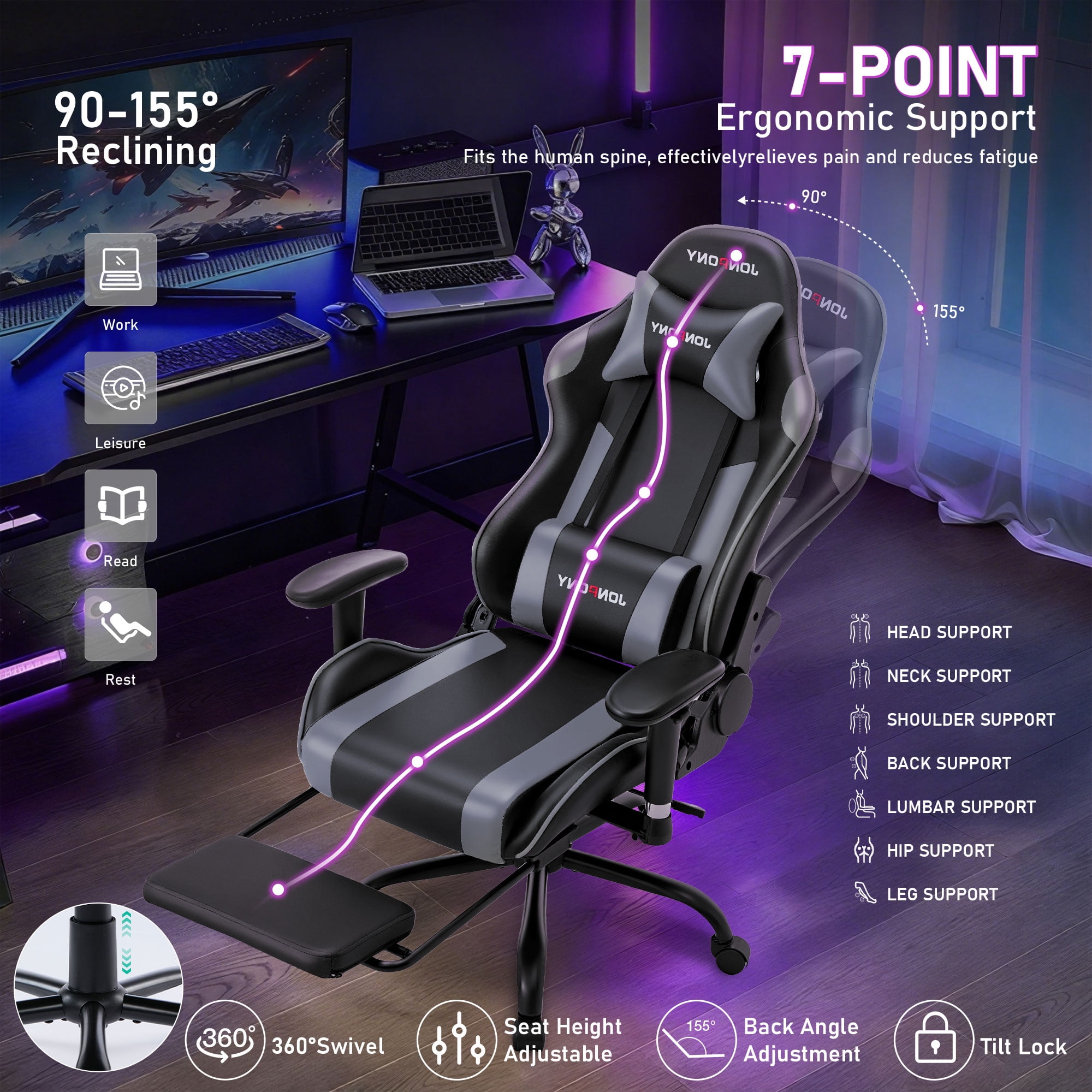 JONPONY Game Chair,Ergonomically Designed Computer Chair with headrest and 2D Armrests,with Footrest and Lumbar Support,High Back Office Chair Support 8 Hours Long Sitting,Computer Chair,BLACK