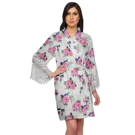 

Moomaya Printed Short Robes For Women Cotton Robes For Women With Lace Trim