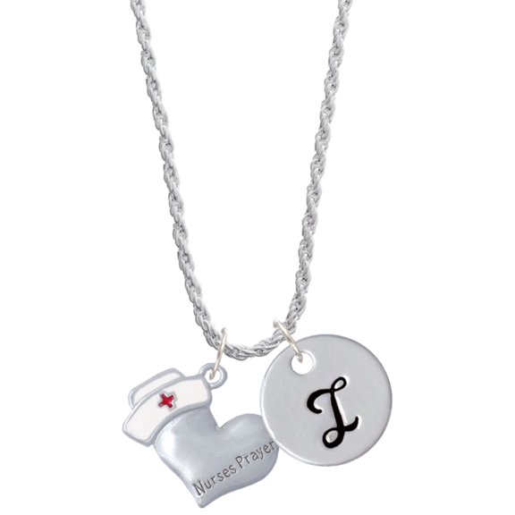 Delight Jewelry Silvertone Nurse's Prayer Heart - Lord Guide Silvertone Script Initial Disc - I - Charm Necklace, 20"+3"
