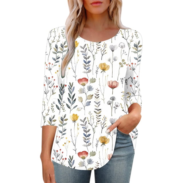 ZVAVZ Tuniques pour Femmes Décontractées Élégantes, Hauts Plissés Imprimés Floraux Manches 3/4 Col Rond T-Shirts d'Été Plissés Ourlet Incurvé en Solde Multicolore G