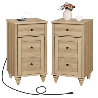 WAMPAT Nightstands with Charging Station, Set of 2 End Table with Power Outlets & USB Ports for Living Room, Modern Side Table with Drawer and Storage Cabinet for Bedroom, Oak