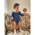 thumbnail image 6 of BemeyourBBs Newborn Baby Girl Denim Romper Outfits Jeans Smocked Bubble Romper Cute Girls Spring Summer Clothes Casual Long Sleeve Bodysuit Bow Headband 2 Pcs Set, 6 of 9