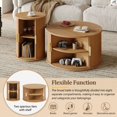 thumbnail image 4 of Set of 2 Coffee Table with Sliding Tambour Door, Mid-Century End Table Set with Storage, Round Fluted Center Table, Tall & Low Side Table for Living Room, Natural, 4 of 9