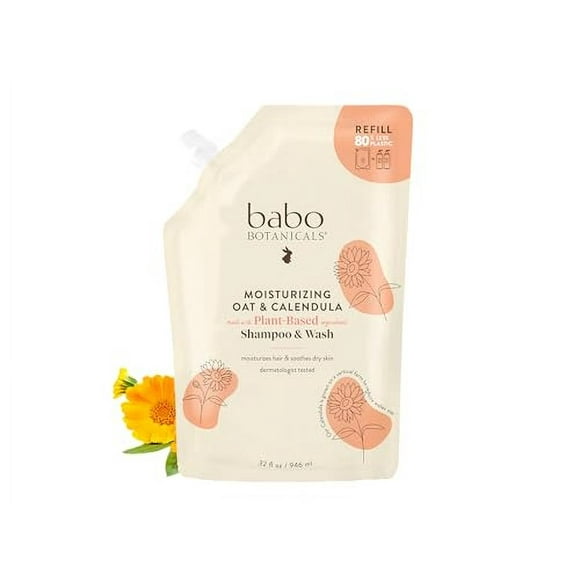 Babo Botanicals Hydratant Avoine et Calendula Shampooing et Nettoyant 2-en-1 - pour Peau Sèche Ou Sensible - pour Tous les Âges - Légèrement Parfumé - Végane - Pochette de Recharge 32 Fl. Oz.