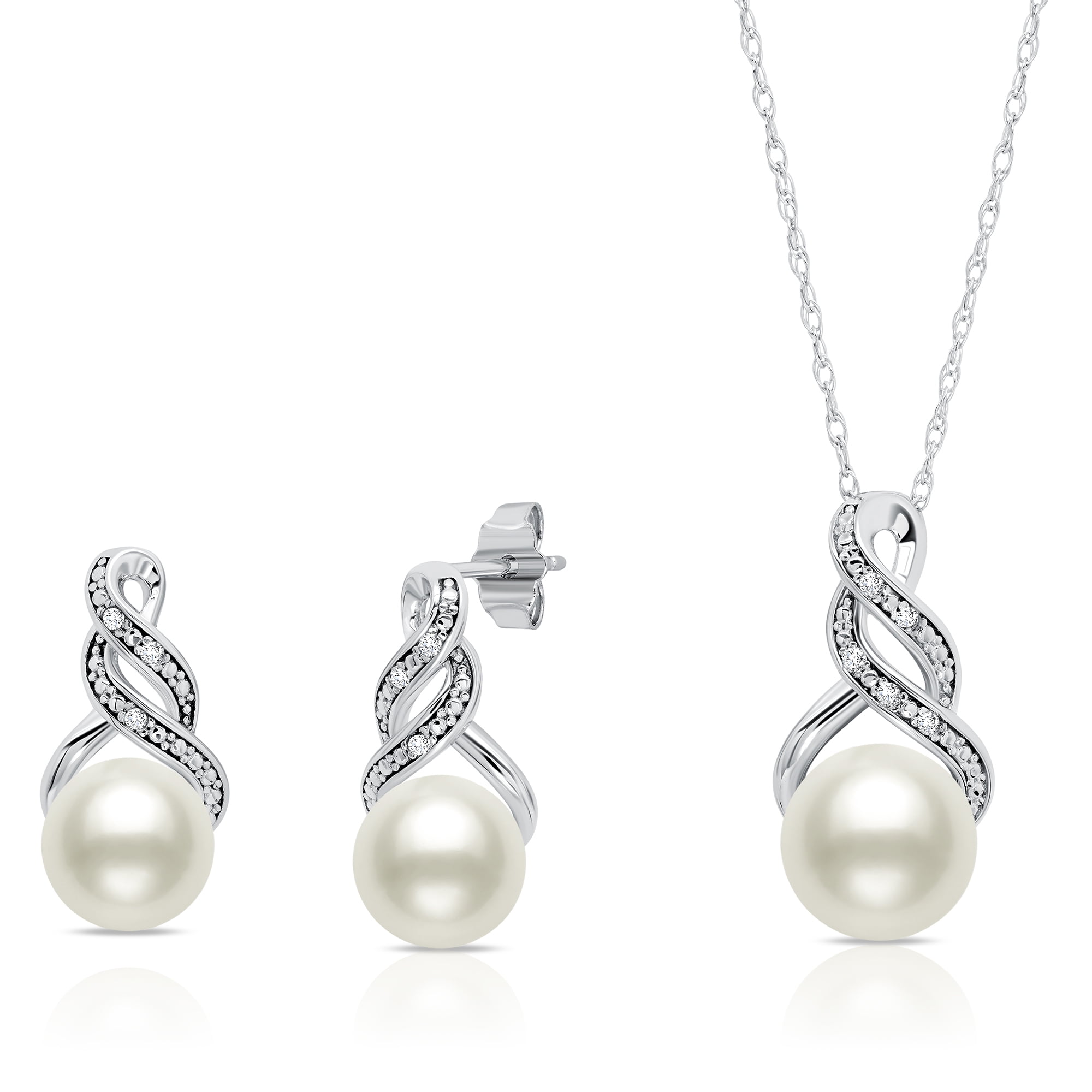 Sterling Silver Cultured Freshwater Pearl and Diamond Accent