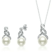 PARADE OF JEWELS Sterling Silver Cultured Freshwater Pearl and Diamond Accent Pendant Necklace and Drop Earring Jewelry Set