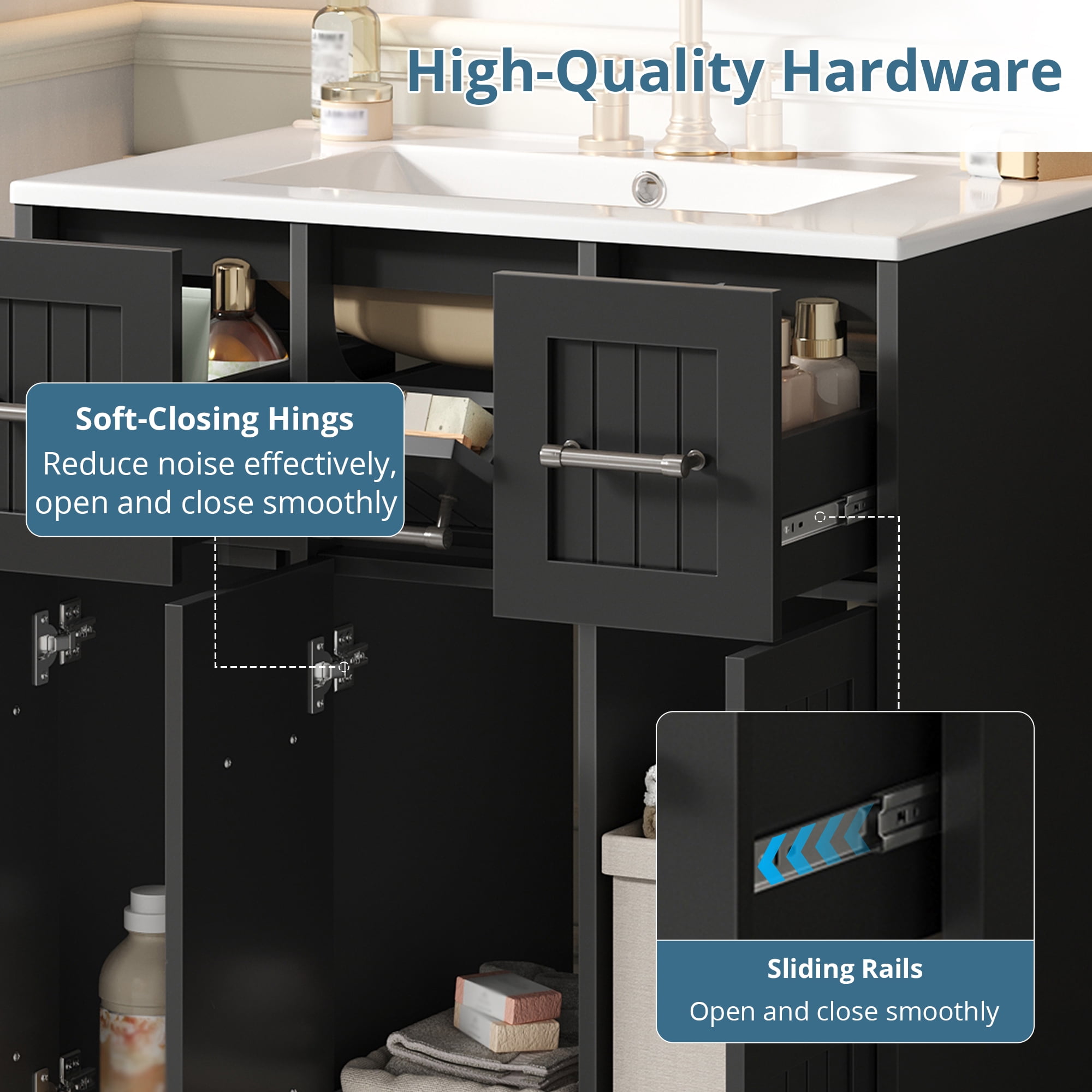 Euroco 30inch Bathroom Vanity with Undermount Sink and Drawers, Painted Surface, Soft-Close Doors, Bathroom Cabinet with Tip-Out Drawer