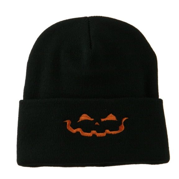 Halloween Jack o Lantern Face Embroidered Long Beanie - Black OSFM