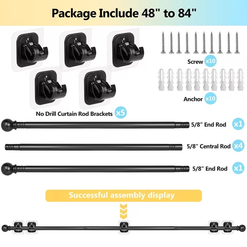 2pcs Curtain Rods No Drilling for Windows | 5/8 Inch Diameter Drapey Pole with No Drill Curtain Rod Brackets, Black, 48 to 84 Inches
