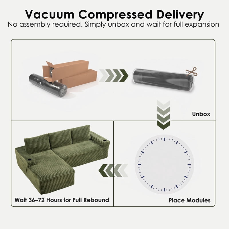 Anpport 104" Boneless Cloud Modular Sectional Couch, Corduroy Sofa with Cup Holders, Side Pockets, Deep Seat, No Assembly Required for Living Room, Green (L‑Shaped, Left Facing Chaise)