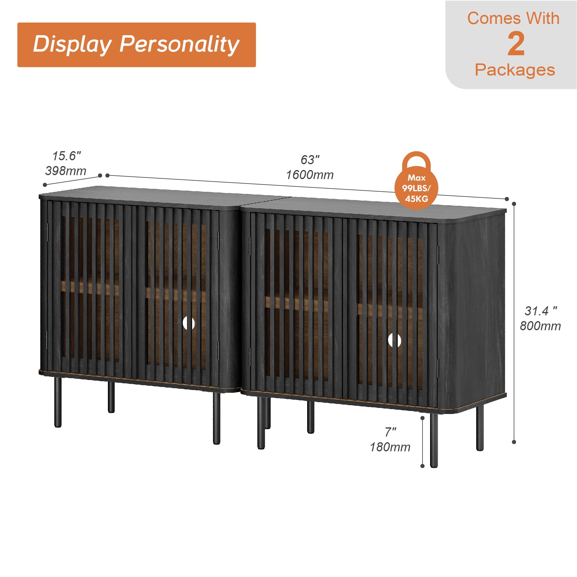 63" Mid Century Modern Sideboard Buffet Cabinet with Storage,Fluted Sideboard Cabinet with Adjustable Shelf, Black
