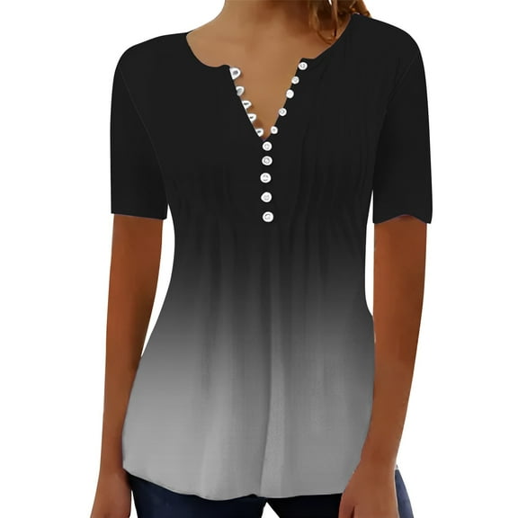 Delayuji Summer Tops for Women 2025 Trendy Boho Floral Print Tunic Shirts Short Sleeve V Neck Tshirt Casual Loose Blouse Black L Polyester,Spandex Short Sleeve Shirts for Women