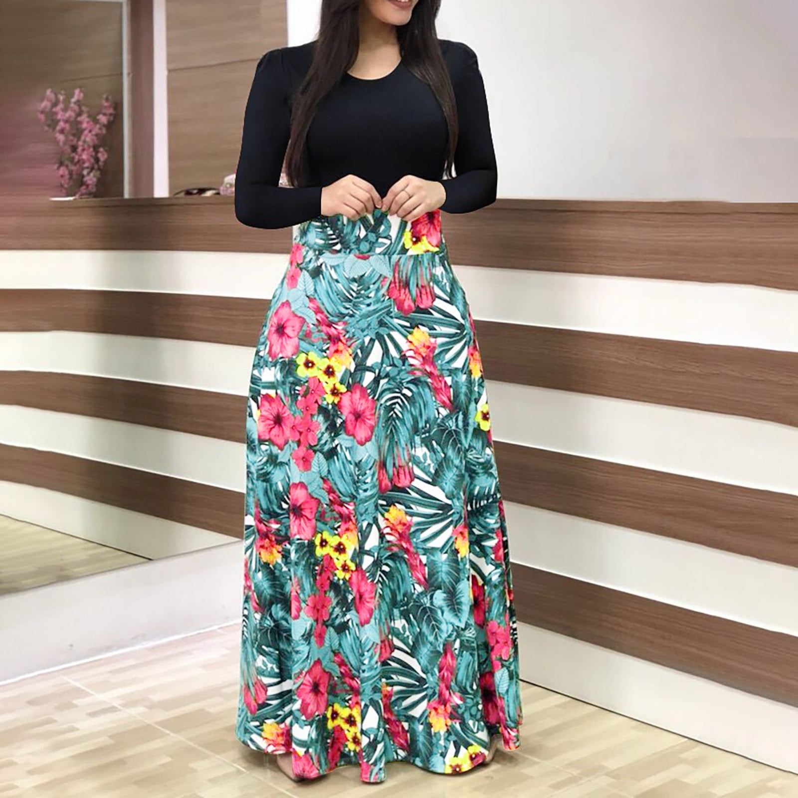 Women Summer Long Sleeve Floral Printed Casual O-Neck Patchwork Dress Maxi  Dress
