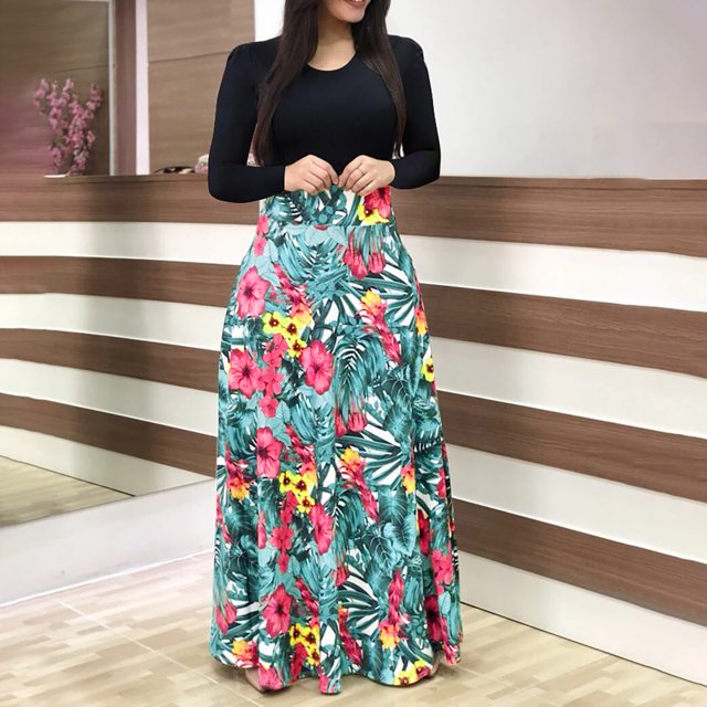 Robe d'Été Femme Manches Longues Imprimé Floral Décontracté Col Rond Patchwork Robe Maxi