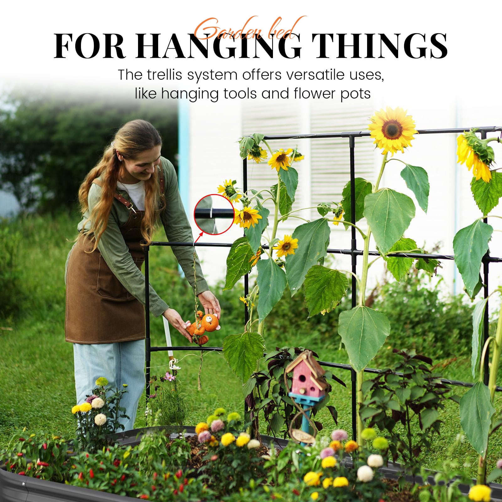 KING BIRD 7.87x3.94x0.98 ft Raised Garden Bed with Wall Trellis Galvanized Steel Metal Planter Garden Box Outdoor for Gardening Climbing Vegetables Flowers Dark Gray