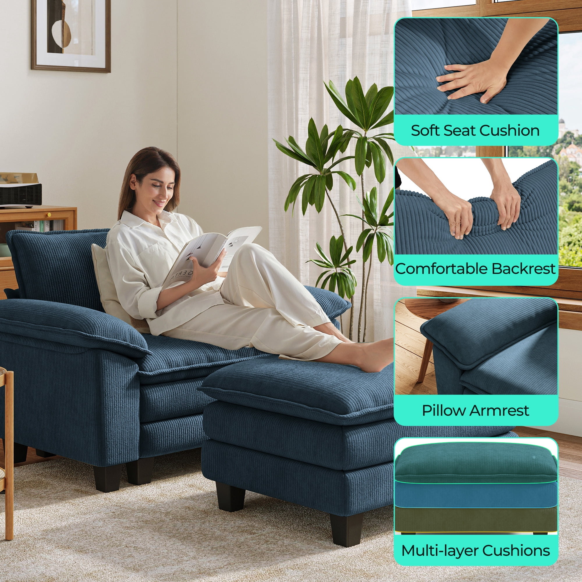 Linsy Home 90" Loveseat Sofa Couch, Oversized Corduroy Cloud Sofa for Living Room, Apartment, Office, Blue
