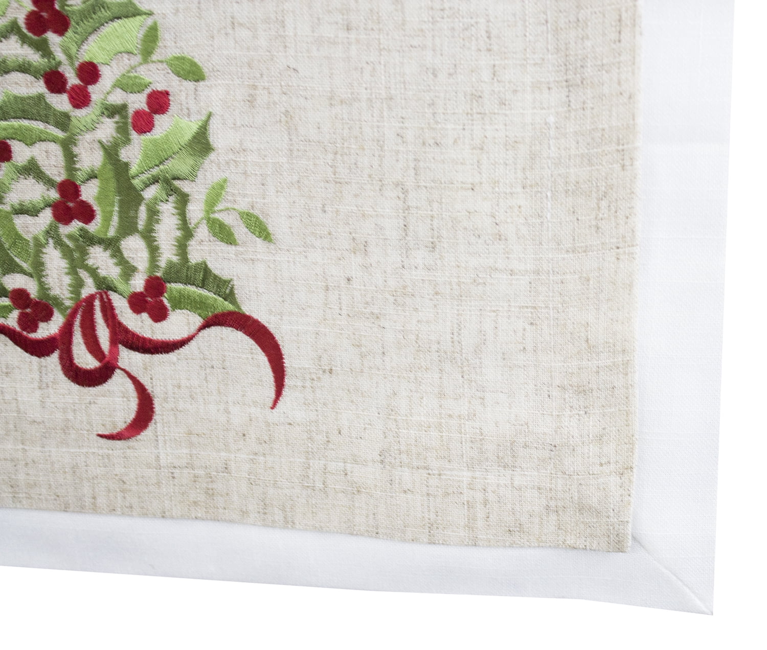 Embroidered Holly Christmas Tree Double-Layer Holiday Decorative Table Runner (Natural+White Runner 16"x78")
