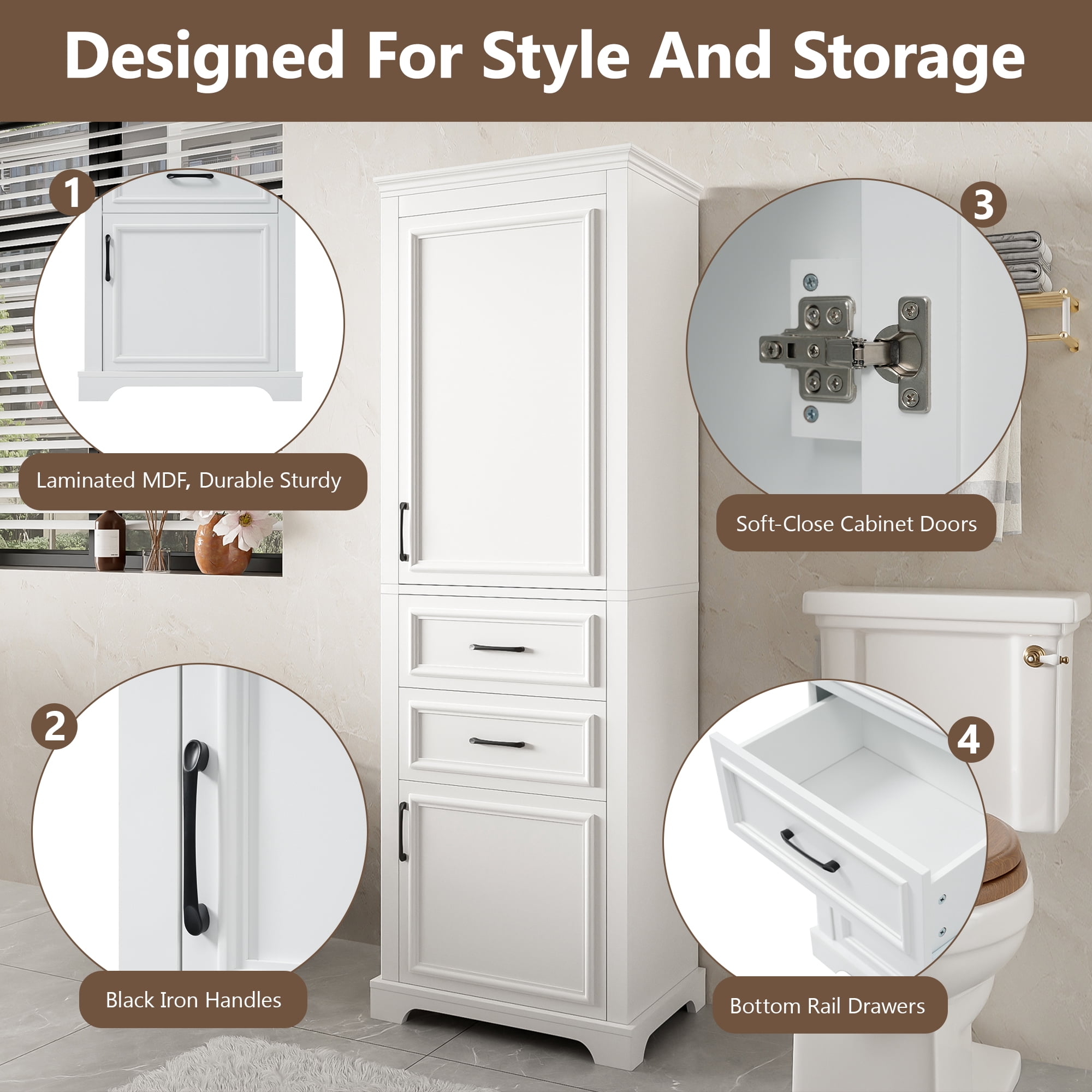 Leumius 71" Tall Freestanding Bathroom Vanity with Damping-Hinge Doors, 2 Drawers, Adjustable Shelf, Anti-Tip Design, Modern Charcoal White Finish